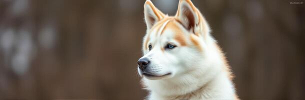 Siberian husky gazes thoughtfully in a forest during early morning light photo