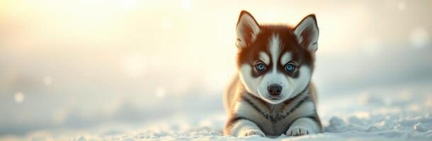 Husky puppy playing in the snow during a sunny winter day in a tranquil outdoor setting photo