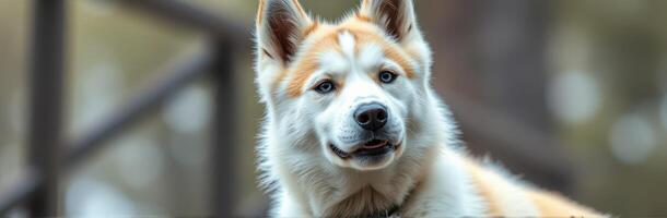 Husky dog enjoying a peaceful afternoon outdoors in a tranquil woodland setting photo