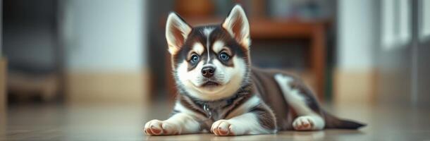 Cute husky puppy lounging on a wooden floor in a cozy indoor setting during daylight photo