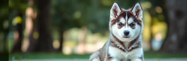 Playful husky puppy enjoying a sunny day in the park with blurred trees in the background photo