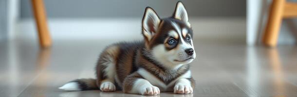 Cute husky puppy relaxing on a wooden floor in a cozy indoor setting during the afternoon photo