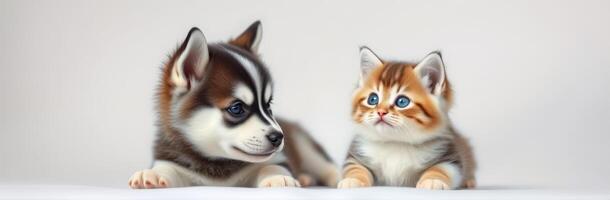 Cute puppy and kitten play together on soft surface in a cozy indoor setting during the day photo