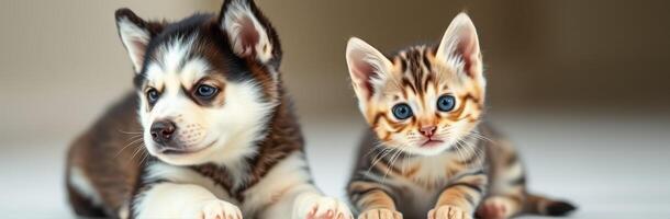 Cute puppy and kitten lounging together in a cozy indoor setting photo