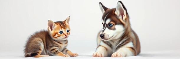 Cute kitten and puppy sitting together on a light background in a playful and friendly pose photo