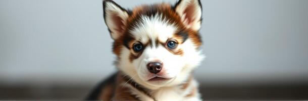 Cute husky puppy sitting indoors with a curious expression, showcasing its fluffy fur and bright eyes during daylight hours photo