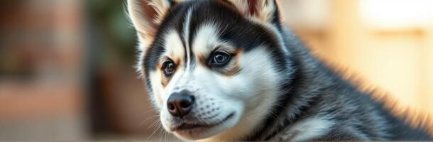 Beautiful husky puppy relaxing in a cozy indoor space during golden hour light photo