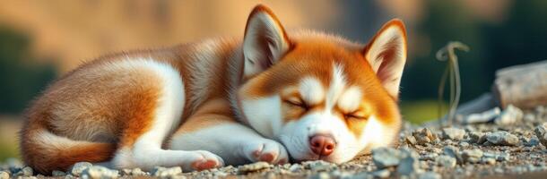 Fluffy shiba inu rests peacefully on rocky terrain during a sunny day in nature photo