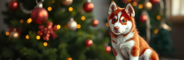 Cute puppy sits in front of a beautifully decorated Christmas tree with ornaments and soft lights during the holiday season photo