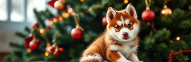 Cute puppy sits in front of decorated Christmas tree with shining lights and ornaments photo