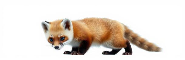 Red fox walks on a white background in a playful and curious manner during the day photo