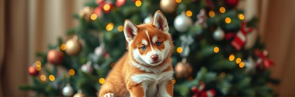 Cute puppy sits in front of decorated Christmas tree with colorful lights and ornaments during the holiday season photo