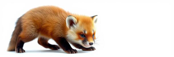 Fox cub playfully exploring a snowy landscape during winter in a quiet forested area photo
