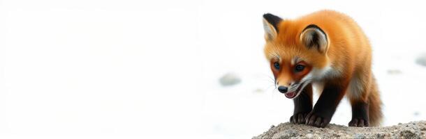 Red fox exploring a rocky area at the edge of a body of water during a sunny day in a natural habitat photo