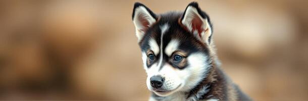 Adorable husky puppy looking curiously while sitting outdoors on a sunny day in the park photo