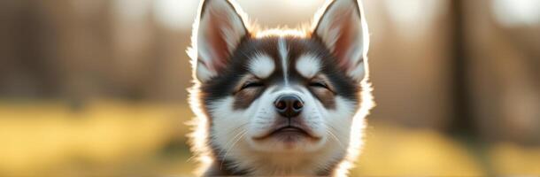 Adorable husky puppy with closed eyes enjoying the warmth of sunlight in a serene outdoor setting during golden hour photo