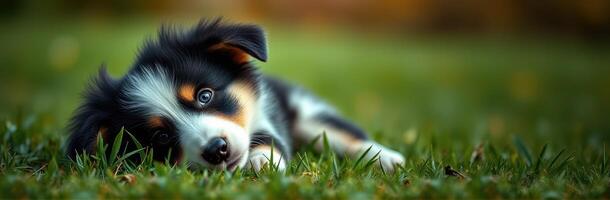 Playful puppy resting on green grass in a sunny garden during late afternoon hours photo