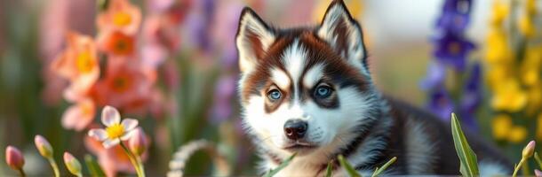 Husky puppy relaxing among vibrant spring flowers in a sunny garden setting photo