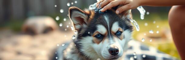 Dog enjoys refreshing bath under warm sunlight while owner gently pets its head in backyard garden photo