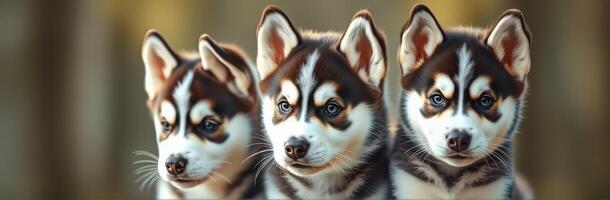 Three playful husky puppies sitting together in a sunny outdoor setting with a soft background photo