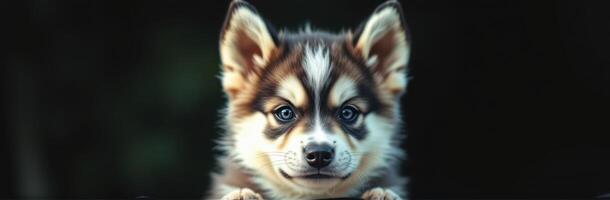 Cute puppy with striking blue eyes looking curiously at the camera in a natural outdoor setting photo