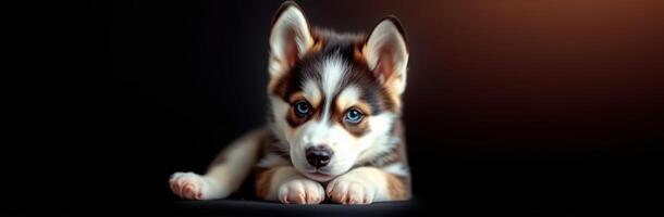 Cute husky puppy with striking blue eyes resting on a dark surface in a cozy indoor setting photo