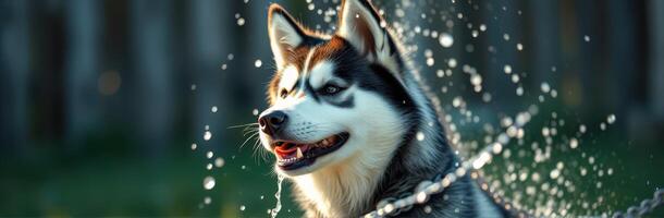 Siberian husky plays joyfully with water in a sunlit backyard during a warm afternoon photo