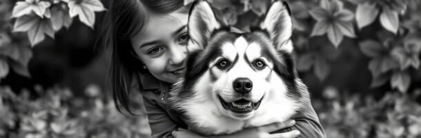 Child hugs a happy dog in a lush garden during a sunny afternoon photo