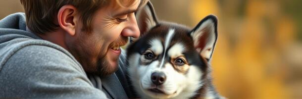 Man enjoys playful moment with his fluffy dog outdoors during a sunny afternoon in a natural setting photo