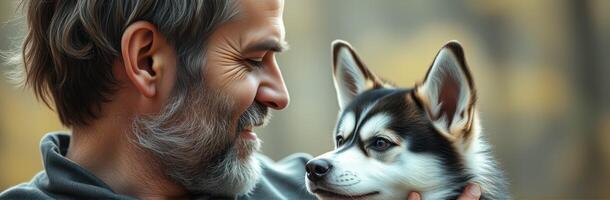 Man enjoys tender moment with husky puppy during an outdoor activity in a serene setting photo
