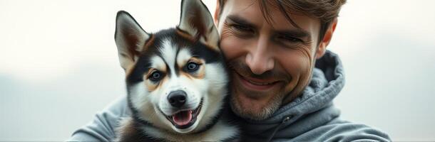 Happy man embraces playful husky dog outdoors on a cloudy day in a natural setting surrounded by mountains photo