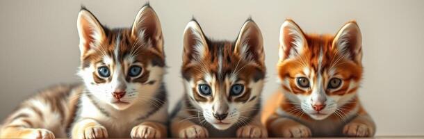Three adorable kittens with striking patterns and colors resting together indoors photo