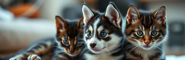 Three playful kittens explore a cozy living room in the afternoon light photo