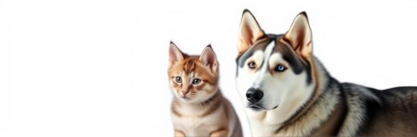 Friendly dog and cat pose together against a simple backdrop, showcasing their playful companionship and vibrant personalities photo