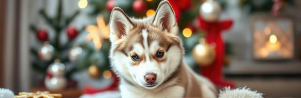 Cute husky puppy sitting in front of a decorated Christmas tree with warm festive lights and ornaments photo