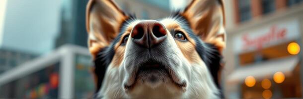 Dog looking upwards in an urban setting with tall buildings and soft lighting at dusk photo