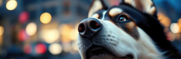 Curious husky admires city lights during evening stroll in urban area photo