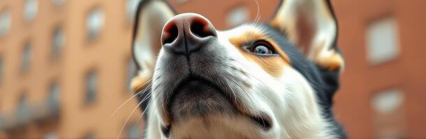 Curious dog gazes upward in an urban neighborhood during a sunny afternoon photo
