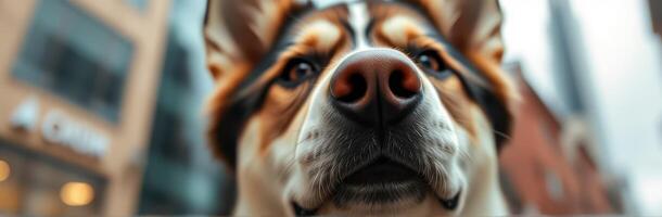 Dog with a playful expression in an urban setting captures attention on a cloudy day photo