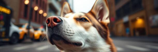 Dog stands confidently in the urban street of a bustling city during late afternoon photo
