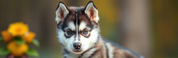 Beautiful husky puppy posing outdoors with flowers in soft natural light photo