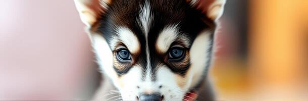 Cute husky puppy with captivating blue eyes indoors during golden hour photo