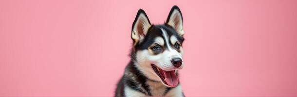 Happy husky puppy posing against a pink backdrop with a playful expression during a photoshoot photo