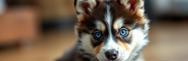 Curious puppy with blue eyes looks into the camera in a cozy indoor setting during the afternoon photo