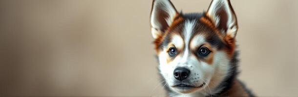 Charming puppy with striking features and fur pattern posing against a neutral background photo