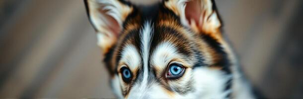 Close-up of a curious puppy with bright blue eyes and distinct fur patterns in a cozy indoor setting photo