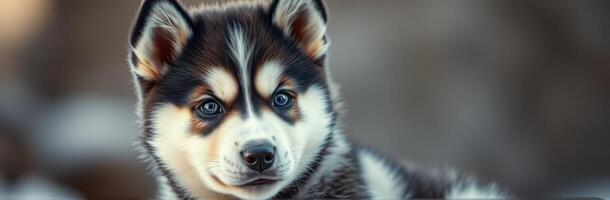 Cute husky puppy with striking blue eyes poses against a blurred background in natural light photo