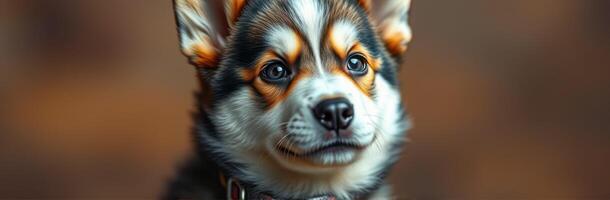 Cute corgi puppy poses for a close-up portrait with a soft, blurred background in a cozy indoor setting during the afternoon photo