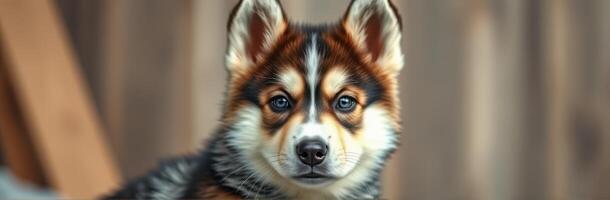 Playful young dog with expressive eyes in a cozy indoor setting enjoying its surroundings photo