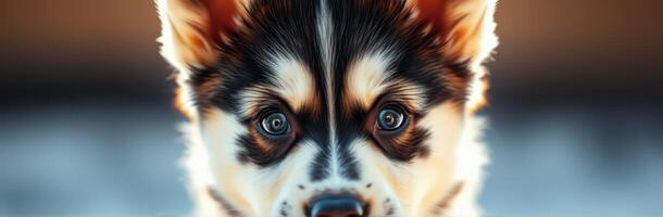 Cute puppy with striking blue eyes amazed by its surroundings indoors in soft lighting photo